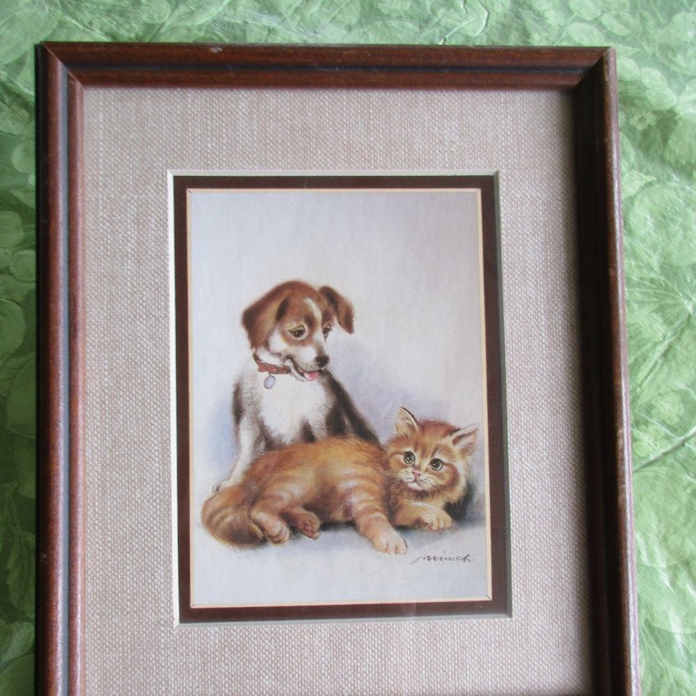 Homco Wood Framed Dog Cat Puppy Kitten Picture